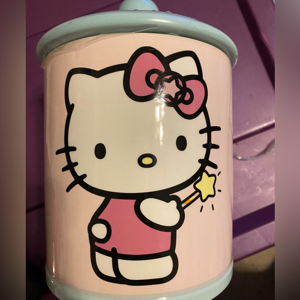 Hello Kitty Sanrio Pink Hand Painted Ceramic Canister Jar Pink Bow Blue Lid 7”